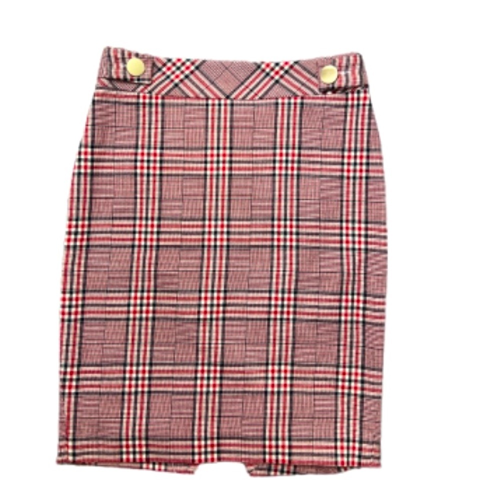 Express Red Plaid Stretch Office Chic Pencil Skirt with Gold Buttons